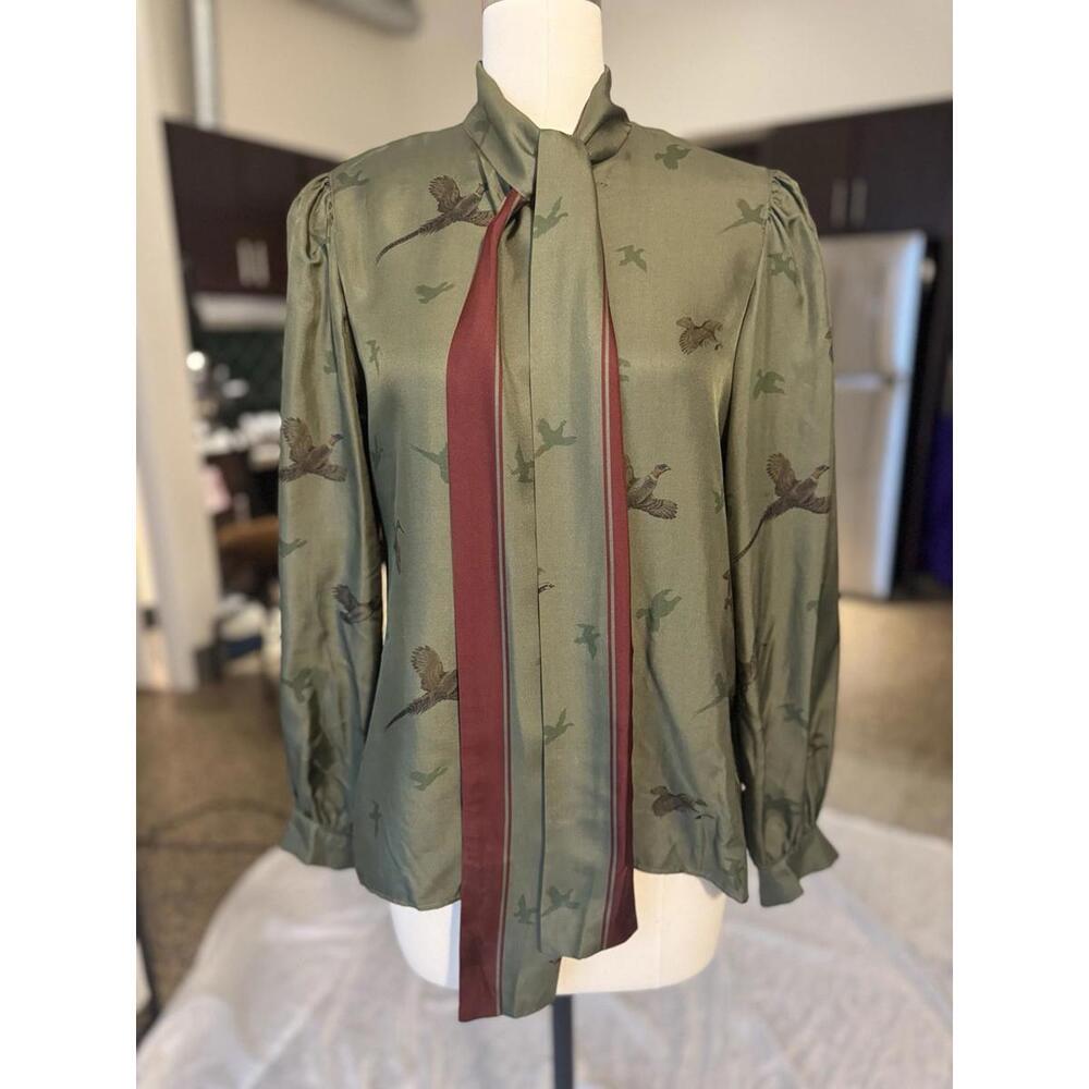 Vntg Gloria Sacks NY 100% Silk Blouse Top Bow Tie Olive Green 10 Or L Union Made